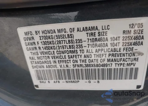 2006 Honda Odyssey Touring из США, поврежденный, VIN 5FNRL388X6B048917